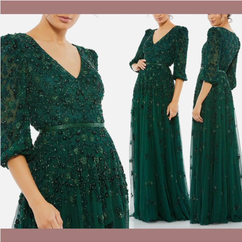 NWT $798 Mac Duggal [ 16 ] Embellished V Neck 3/4 Sleeve‎ ALine Gown Emerald